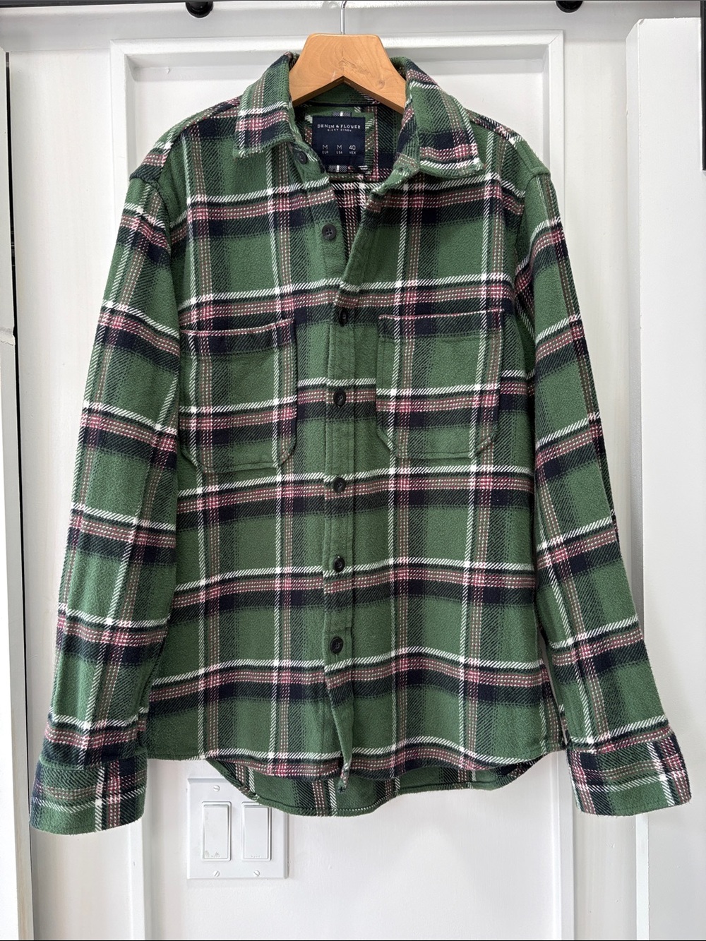 Denim & Flower Green & Navy Blue Plaid Button-Down Flannel Shirt Size Medium